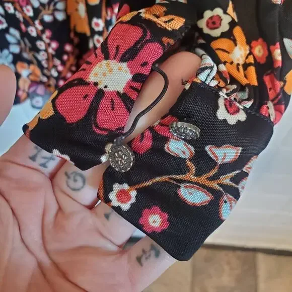 Free People Daisy Jane Long Sleeve Mini Dress Flowy Loose Fit Black Floral - Picture 9 of 13